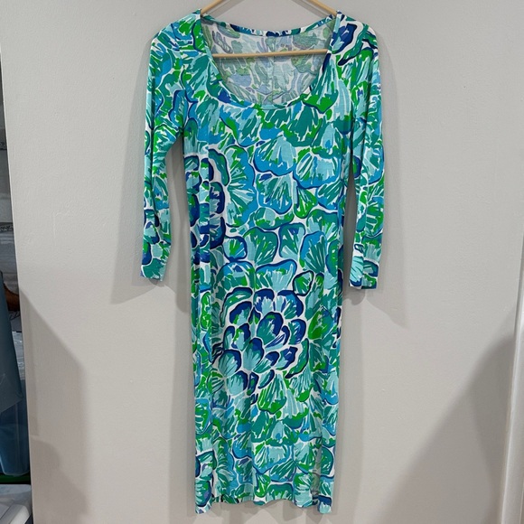Lilly Pulitzer Kenzie vibrant Blue and Green 3/4 sleeve pima cotton dress - Picture 3 of 6